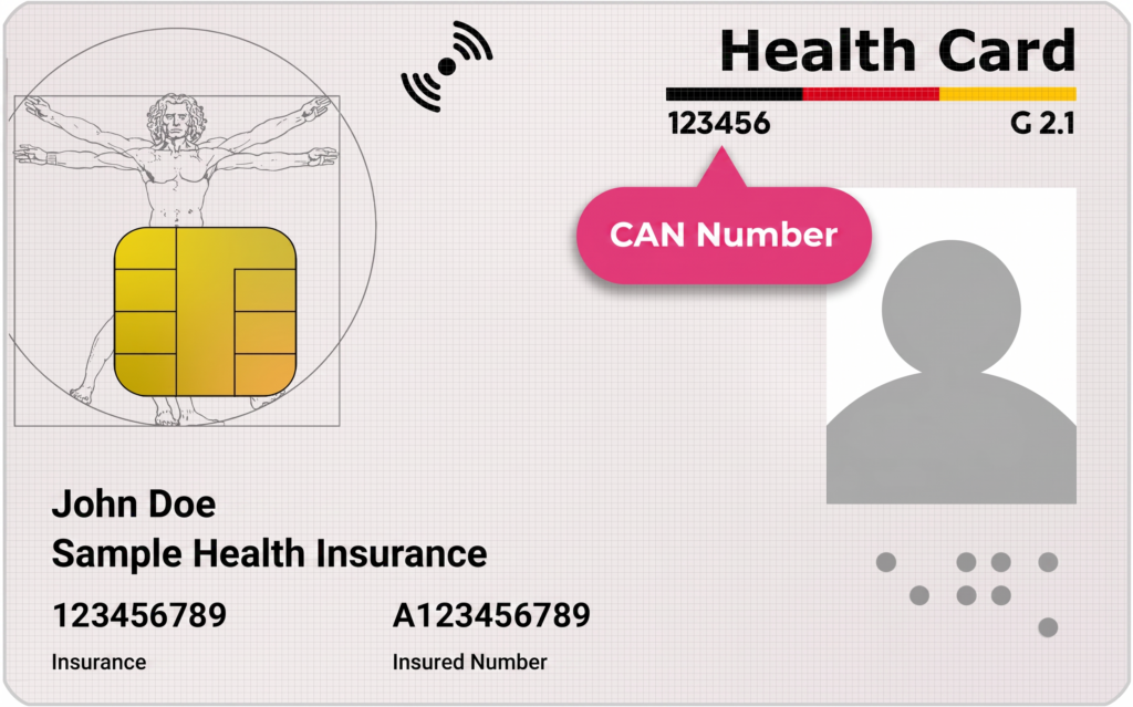 Gesundheitskarte_CAN-Nummer_Transp_01_linnk_ai_KLGh_translated_en-US Sample health insurance card showing placeholder name John Doe and sample numbers; includes CAN number label and a pink badge shape overlapping an avatar silhouette on the right.