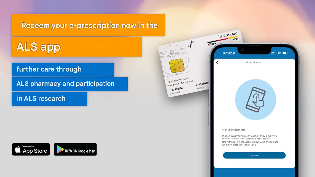 Banner advertising the ALS app to redeem e-prescriptions, with a smartphone and a health card nearby.