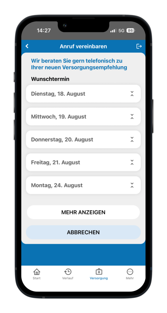 ALS App Versorgungsempfehlung telefonischer Beratungstermin