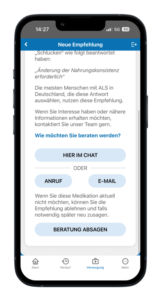 ALS App Versorgungsempfehlung Auswahl Beratungsoptionen