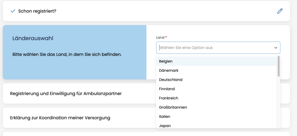 Länderauswahl im Registrierungsprozess