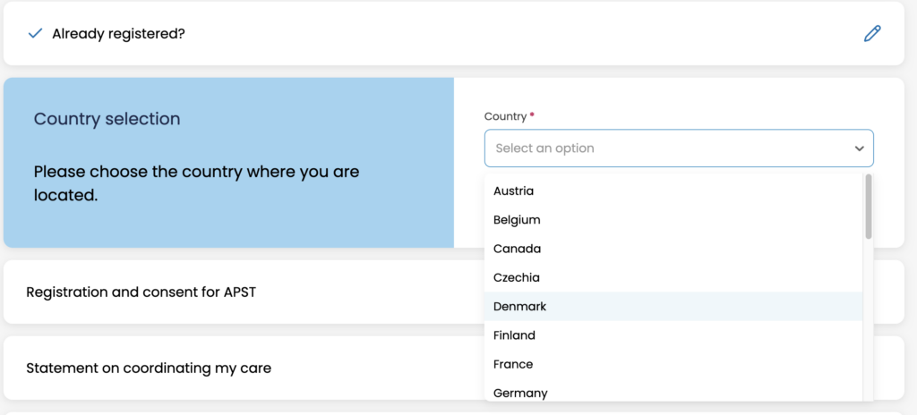 Country selection in registration process